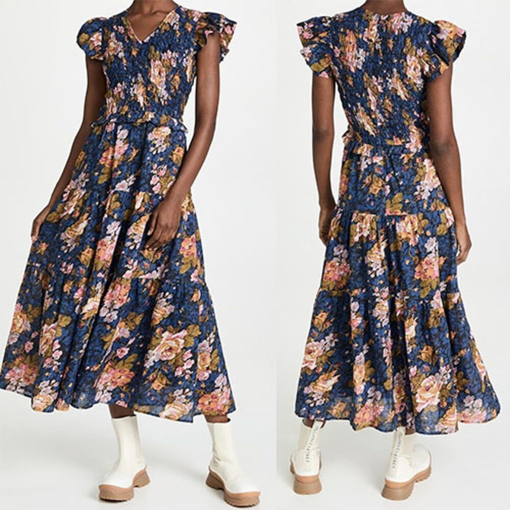 NWT Sea New York Floral Ines Flutter Sleeve Smocked Ruffled Midi Dress Navy